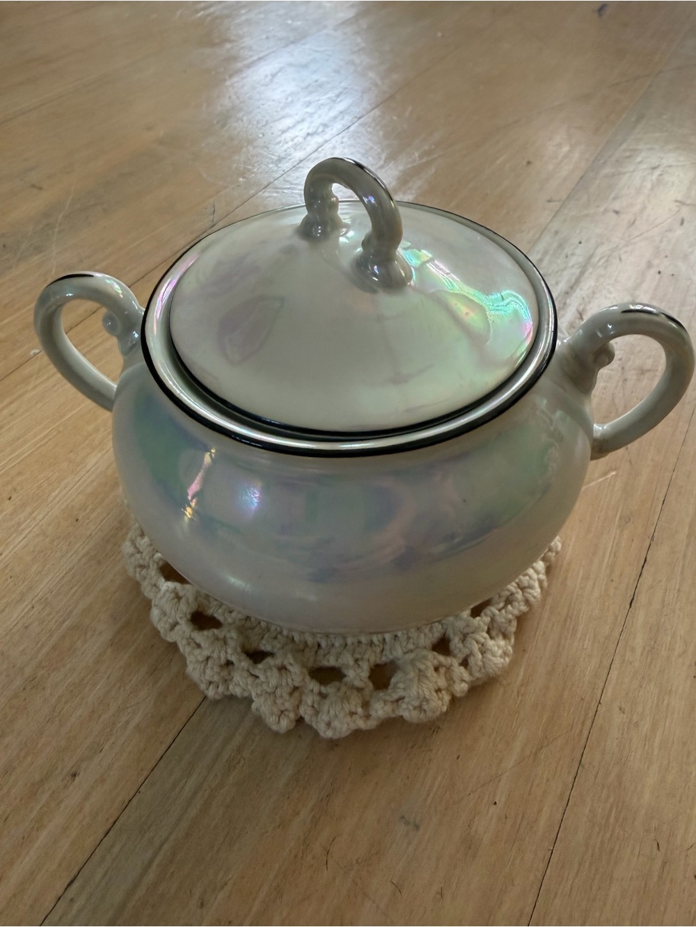 Vintage Iridescent Lusterware Covered Sugar Bowl Black Trim Double Handles